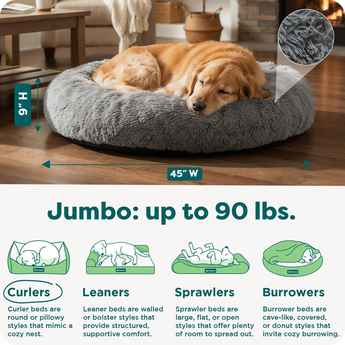 36" Round Calming Donut Dog Bed for Large/Medium Dogs, Refillable w/ Removable Washable Cover, For Dogs Up to 75 lbs - Shaggy Plush Long Faux Fur Donut Bed - Gray, Large