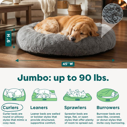 36" Round Calming Donut Dog Bed for Large/Medium Dogs, Refillable w/ Removable Washable Cover, For Dogs Up to 75 lbs - Shaggy Plush Long Faux Fur Donut Bed - Gray, Large