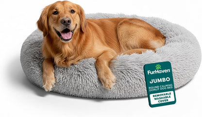 36" Round Calming Donut Dog Bed for Large/Medium Dogs, Refillable w/ Removable Washable Cover, For Dogs Up to 75 lbs - Shaggy Plush Long Faux Fur Donut Bed - Gray, Large