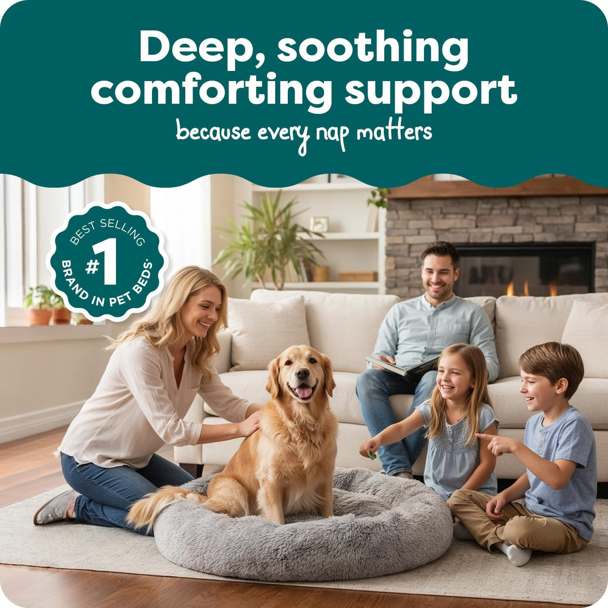 36" Round Calming Donut Dog Bed for Large/Medium Dogs, Refillable w/ Removable Washable Cover, For Dogs Up to 75 lbs - Shaggy Plush Long Faux Fur Donut Bed - Gray, Large