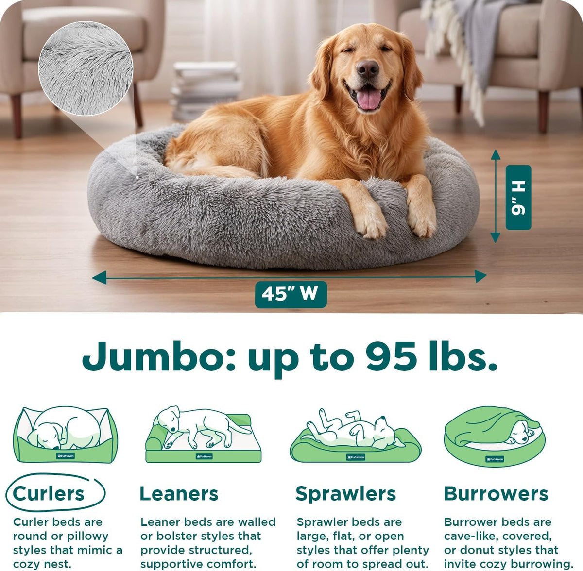 36" Round Calming Donut Dog Bed for Large/Medium Dogs, Refillable w/ Removable Washable Cover, For Dogs Up to 75 lbs - Shaggy Plush Long Faux Fur Donut Bed - Gray, Large