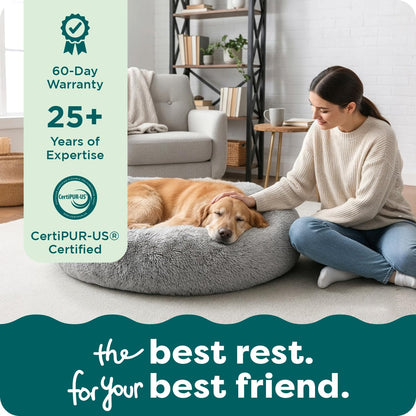 36" Round Calming Donut Dog Bed for Large/Medium Dogs, Refillable w/ Removable Washable Cover, For Dogs Up to 75 lbs - Shaggy Plush Long Faux Fur Donut Bed - Gray, Large
