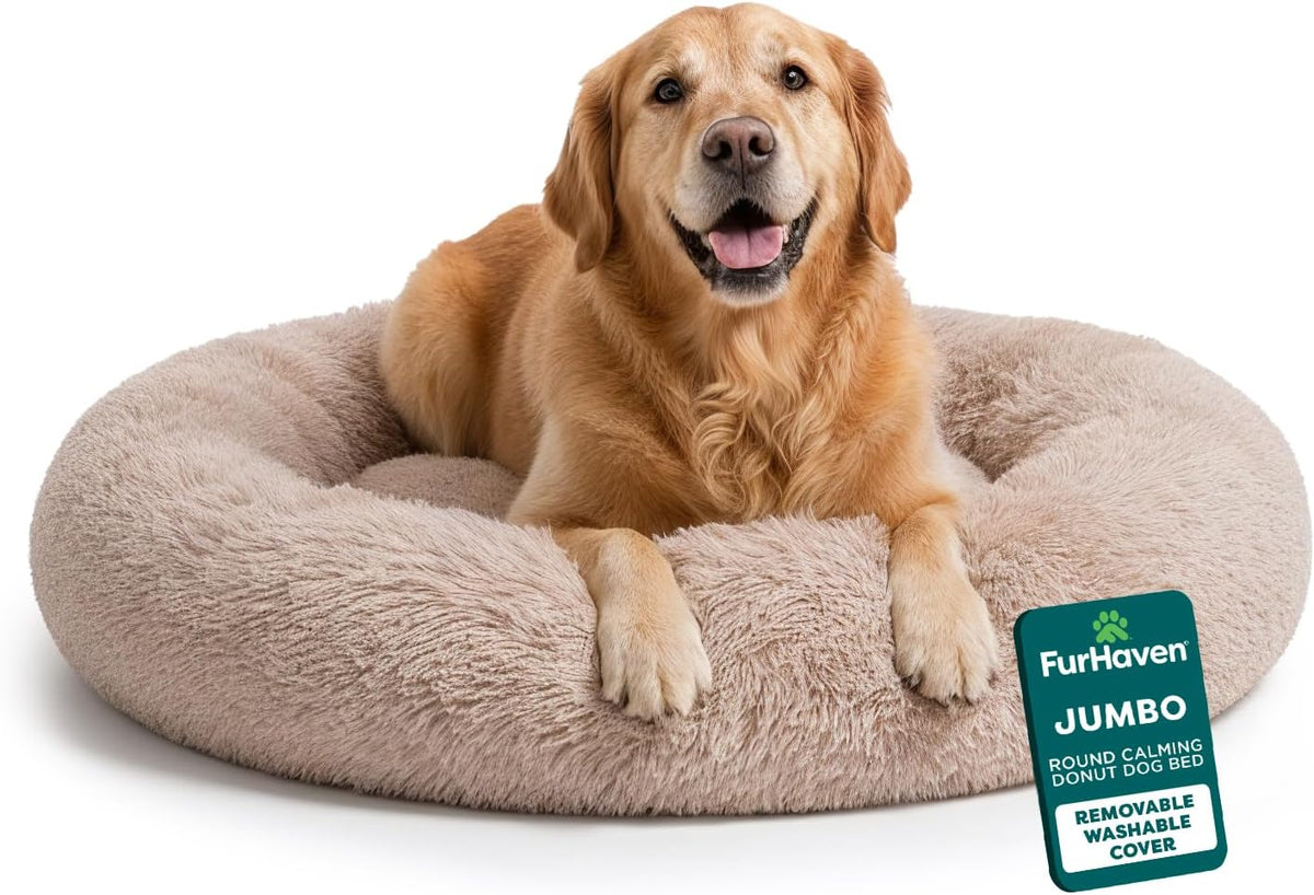 36" Round Calming Donut Dog Bed for Large/Medium Dogs, Refillable w/ Removable Washable Cover, For Dogs Up to 75 lbs - Shaggy Plush Long Faux Fur Donut Bed - Gray, Large