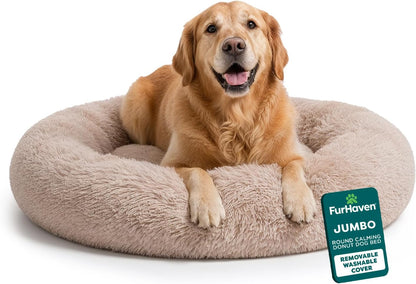 36" Round Calming Donut Dog Bed for Large/Medium Dogs, Refillable w/ Removable Washable Cover, For Dogs Up to 75 lbs - Shaggy Plush Long Faux Fur Donut Bed - Gray, Large