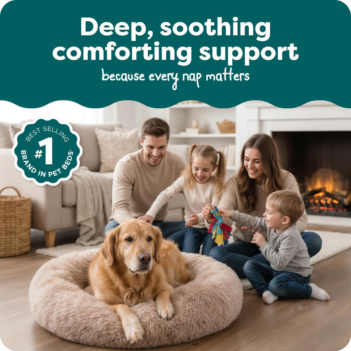 36" Round Calming Donut Dog Bed for Large/Medium Dogs, Refillable w/ Removable Washable Cover, For Dogs Up to 75 lbs - Shaggy Plush Long Faux Fur Donut Bed - Gray, Large