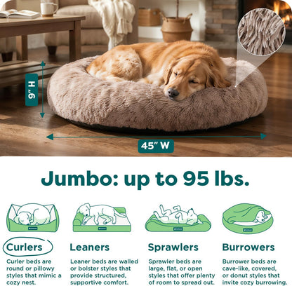36" Round Calming Donut Dog Bed for Large/Medium Dogs, Refillable w/ Removable Washable Cover, For Dogs Up to 75 lbs - Shaggy Plush Long Faux Fur Donut Bed - Gray, Large