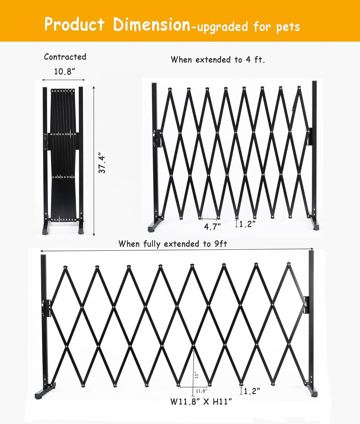 Metal Expandable Dog Gate, 9Feet, Versatile Accordion Safety Barrier, Indoor and Outdoor, Portable Retractable Barricade, Adjustable Pet Fence, Free Standing (Classic, Black)