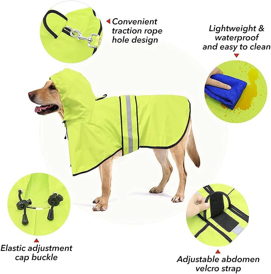 Reflective Dog Rain Coat - Waterproof Adjustable Pet Rain Jacket, Lightweight Dog Hooded Poncho Raincoat for Small to X- Large Dogs and Puppies (Pink, Large)
