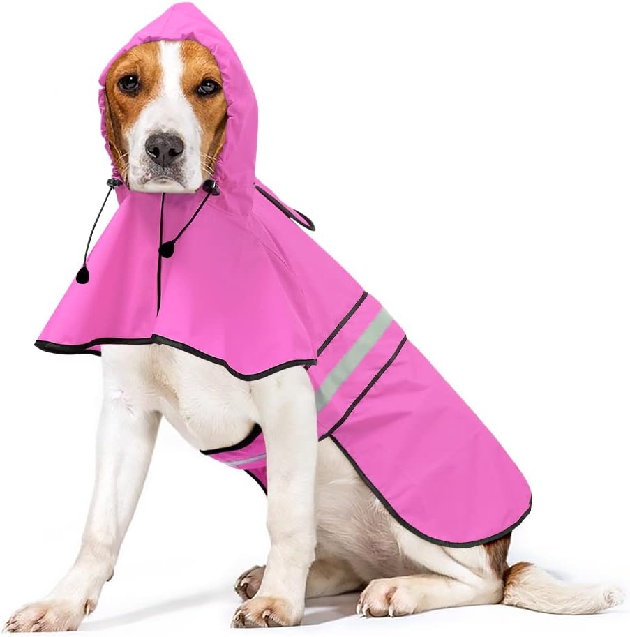 Reflective Dog Rain Coat - Waterproof Adjustable Pet Rain Jacket, Lightweight Dog Hooded Poncho Raincoat for Small to X- Large Dogs and Puppies (Pink, Large)