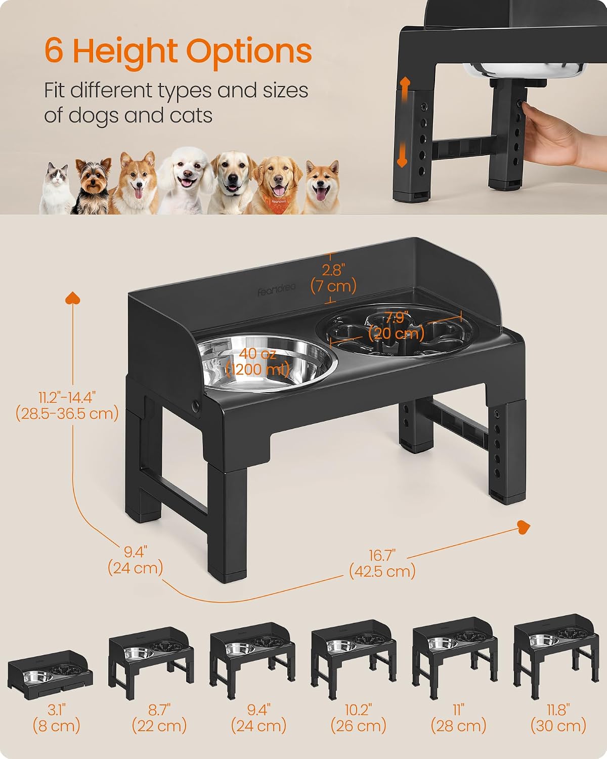 Feandrea Dog Bowls Elevated, Adjustable Height, Tilted Design