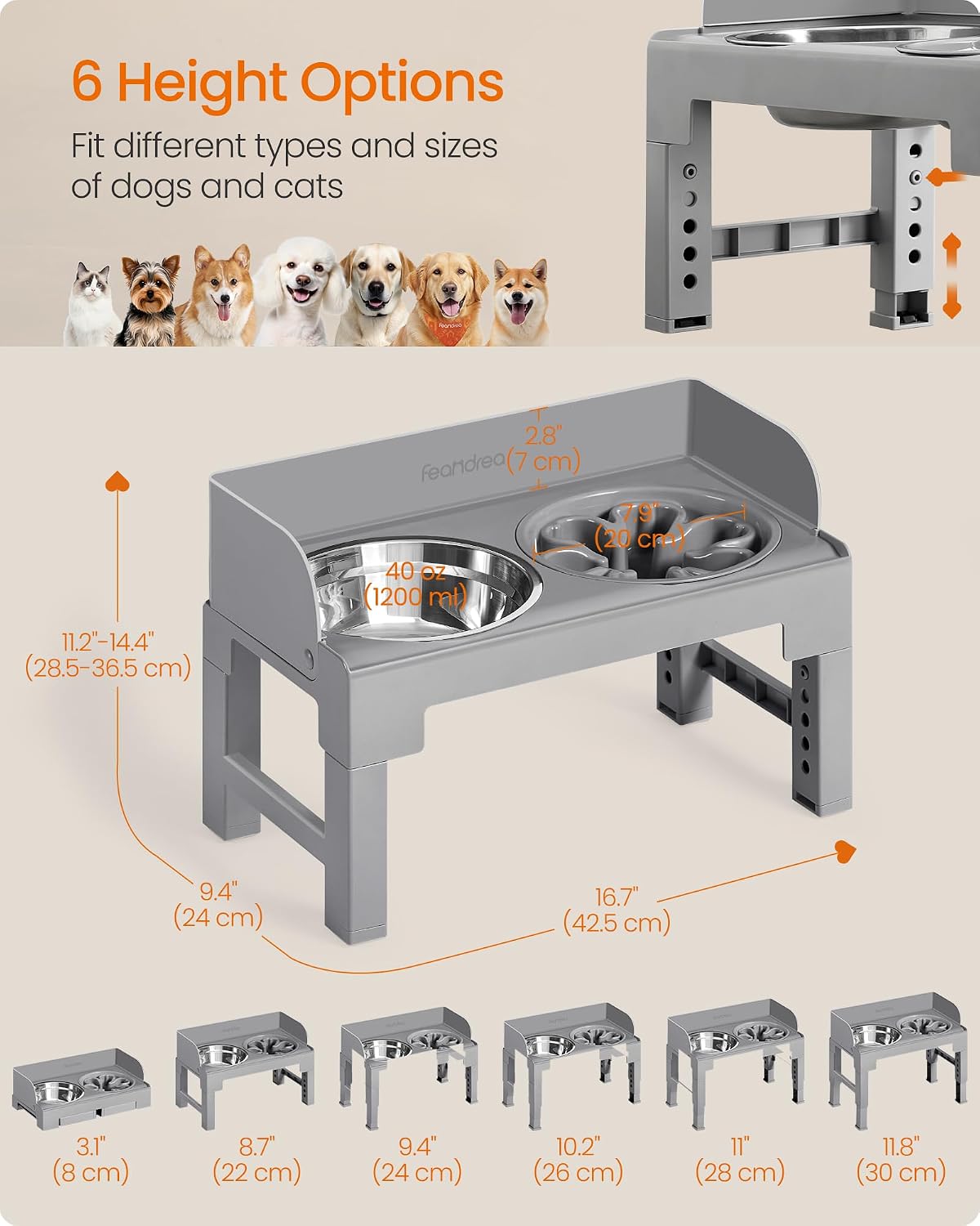 Feandrea Dog Bowls Elevated, Adjustable Height, Tilted Design