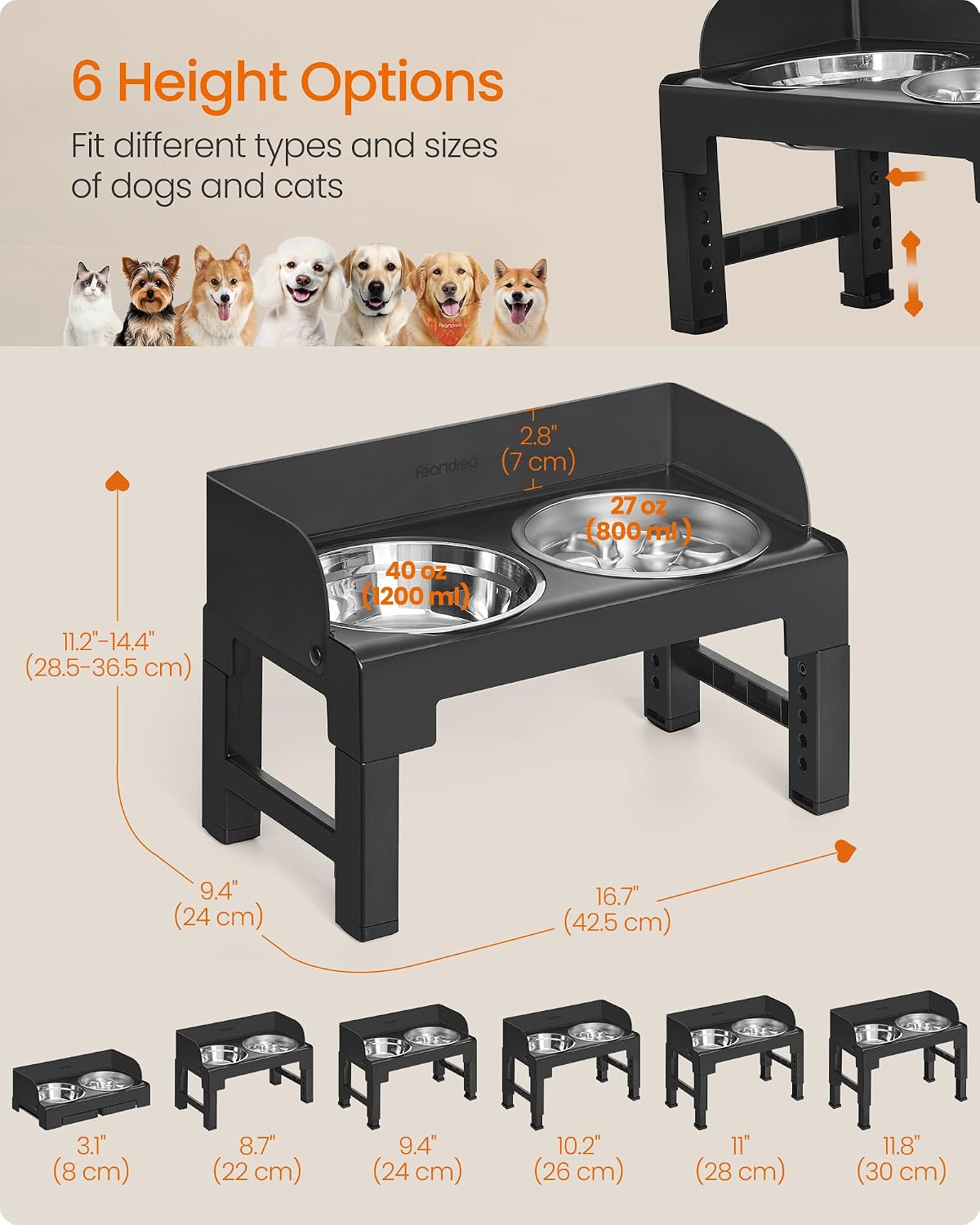 Feandrea Dog Bowls Elevated, Adjustable Height, Tilted Design