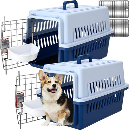 2 Pack 19" Hard-Sided Pet Carrier for Small Dogs and Cats, Airline Approved Travel Crate with Secure Latche, Front Wire Door, Portable Handle, Food Bowl for Traveling Camping, up to 10 LBS