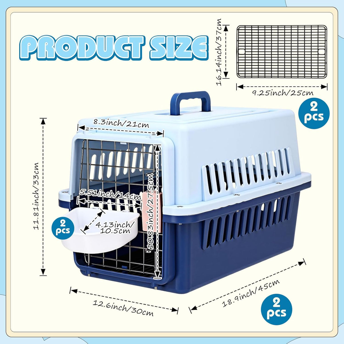 2 Pack 19" Hard-Sided Pet Carrier for Small Dogs and Cats, Airline Approved Travel Crate with Secure Latche, Front Wire Door, Portable Handle, Food Bowl for Traveling Camping, up to 10 LBS