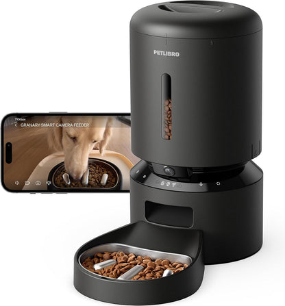 Automatic Dog Feeder with Camera, Auto Cat Food Dispenser Slow Feeders Dogs Bowl, 1080P HD Video with Night Vision, 5G WiFi with 2-Way Audio, Stainless Steel Slow Food Tray for Small Dogs