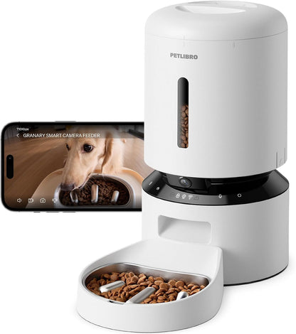 Automatic Dog Feeder with Camera, Auto Cat Food Dispenser Slow Feeders Dogs Bowl, 1080P HD Video with Night Vision, 5G WiFi with 2-Way Audio, Stainless Steel Slow Food Tray for Small Dogs