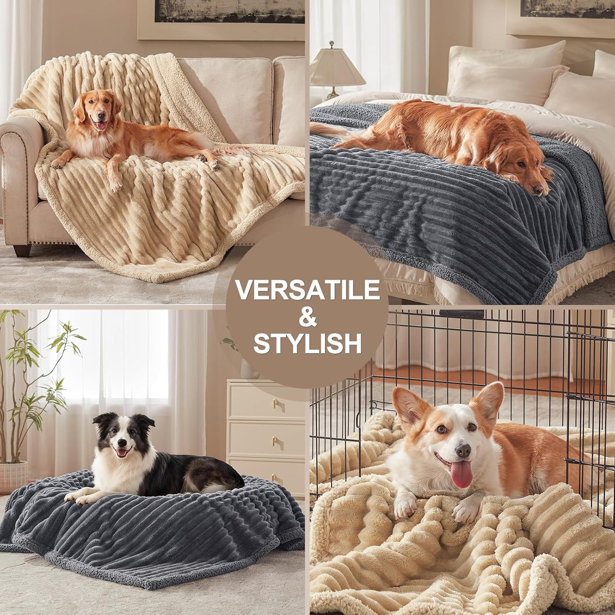 Waterproof Dog Blanket for Large Dogs, Washable Soft Puppy Cat Blanket Flannel Cotton Velour for Sofa Couch Protector, Comfort & Security Reversible Bed Protection for Pet, 50"X60", Gray