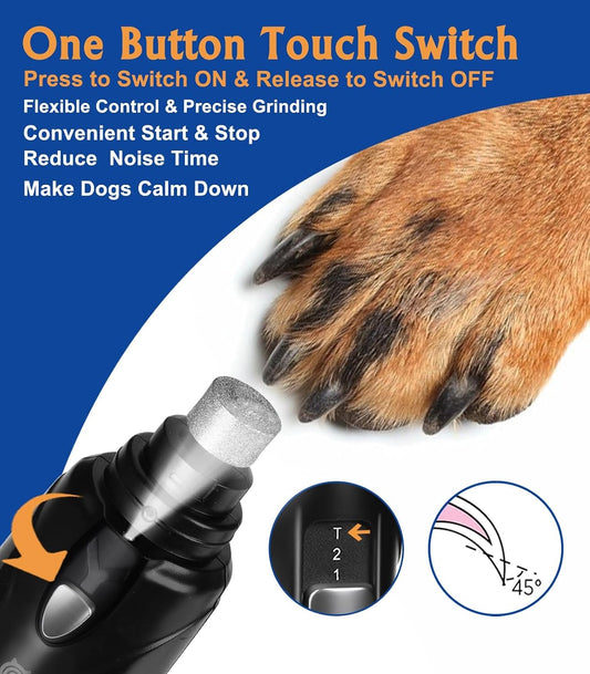 Petsaunter Dog Nail Grinder, 2-Speed and LED Light, Touch-Switch, TypeC, Quiet and Low-Vibration Dog Nail Trimmers, and 3 Ports for Large Dogs, Medium, Small Dogs Cats Pets with Hard or Thick Nail