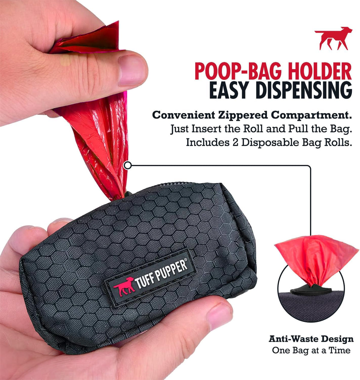 Dog Poop Bag Holder | Works with Any Dog Leash | Zippered Waste Bag Dispenser | Waterproof with Rust-Proof Clip | Convenient Lightweight Design | Includes 2 Rolls of Leak-Proof Bags