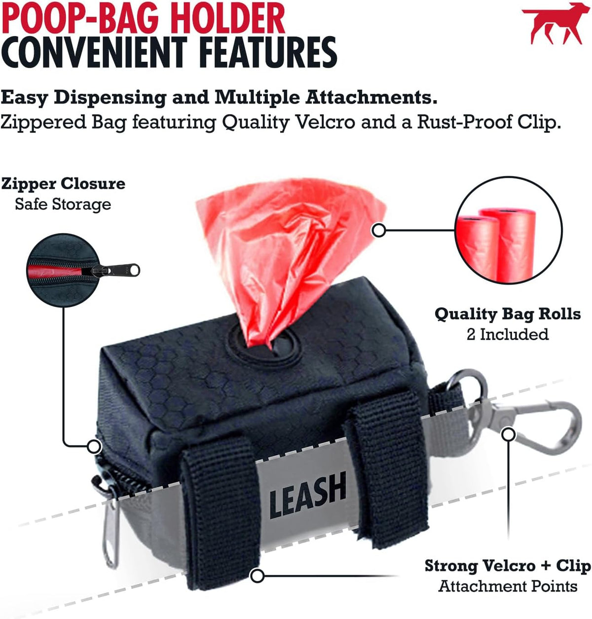 Dog Poop Bag Holder | Works with Any Dog Leash | Zippered Waste Bag Dispenser | Waterproof with Rust-Proof Clip | Convenient Lightweight Design | Includes 2 Rolls of Leak-Proof Bags
