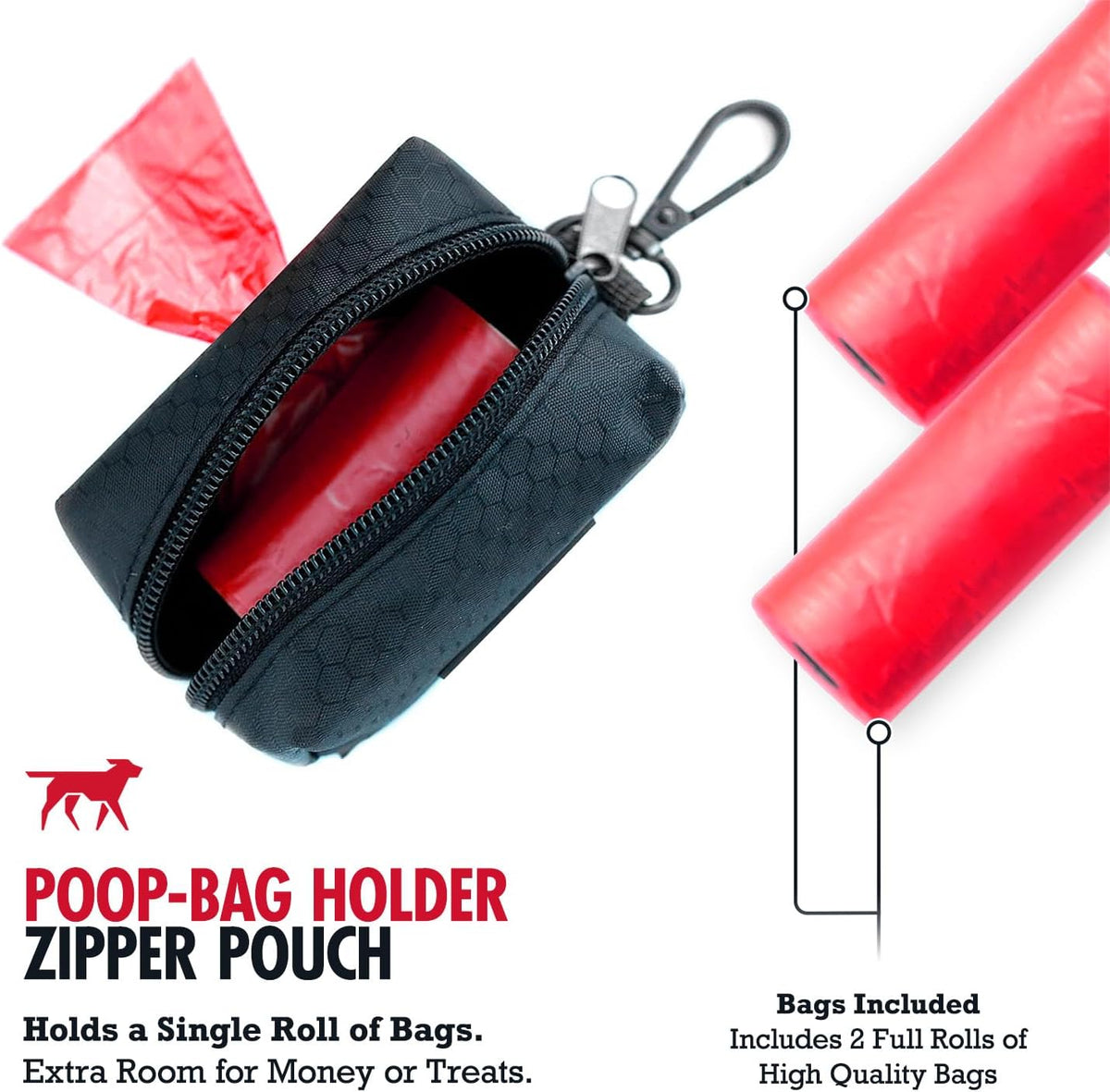 Dog Poop Bag Holder | Works with Any Dog Leash | Zippered Waste Bag Dispenser | Waterproof with Rust-Proof Clip | Convenient Lightweight Design | Includes 2 Rolls of Leak-Proof Bags