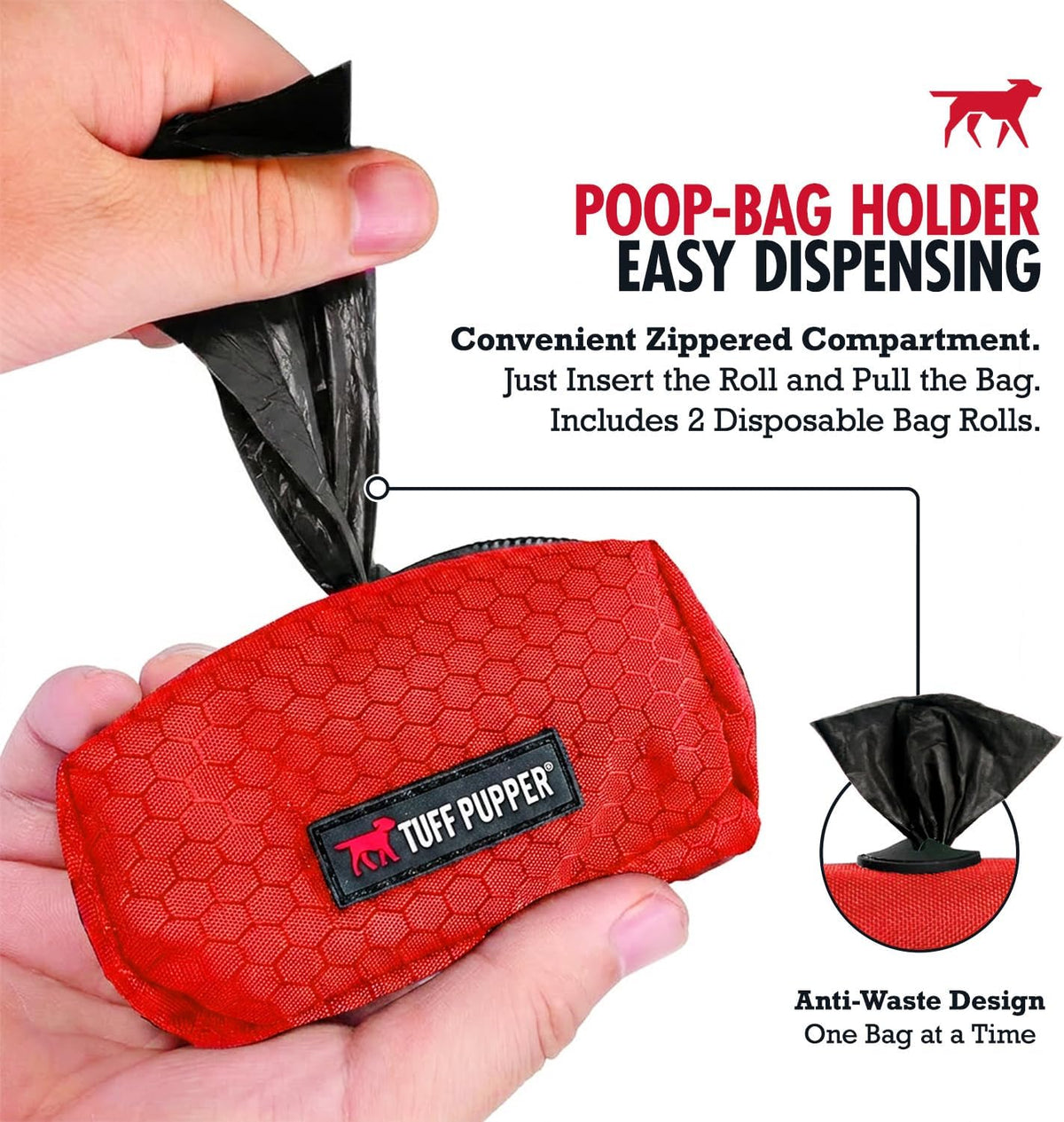Dog Poop Bag Holder | Works with Any Dog Leash | Zippered Waste Bag Dispenser | Waterproof with Rust-Proof Clip | Convenient Lightweight Design | Includes 2 Rolls of Leak-Proof Bags