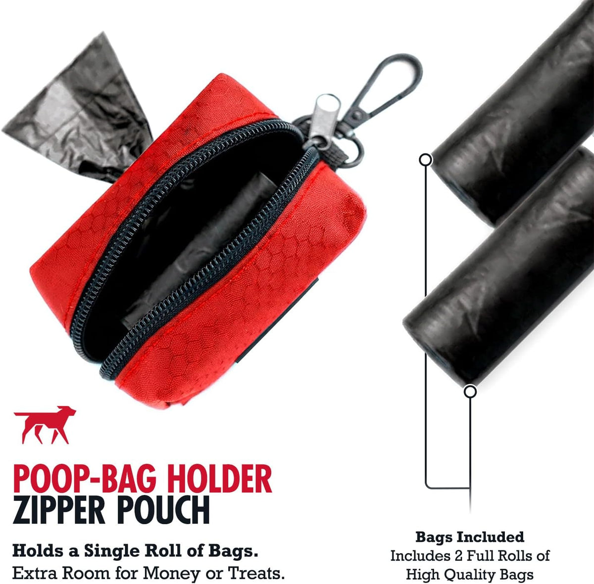 Dog Poop Bag Holder | Works with Any Dog Leash | Zippered Waste Bag Dispenser | Waterproof with Rust-Proof Clip | Convenient Lightweight Design | Includes 2 Rolls of Leak-Proof Bags