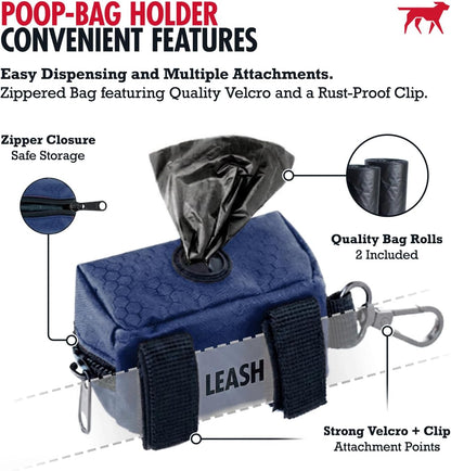 Dog Poop Bag Holder | Works with Any Dog Leash | Zippered Waste Bag Dispenser | Waterproof with Rust-Proof Clip | Convenient Lightweight Design | Includes 2 Rolls of Leak-Proof Bags
