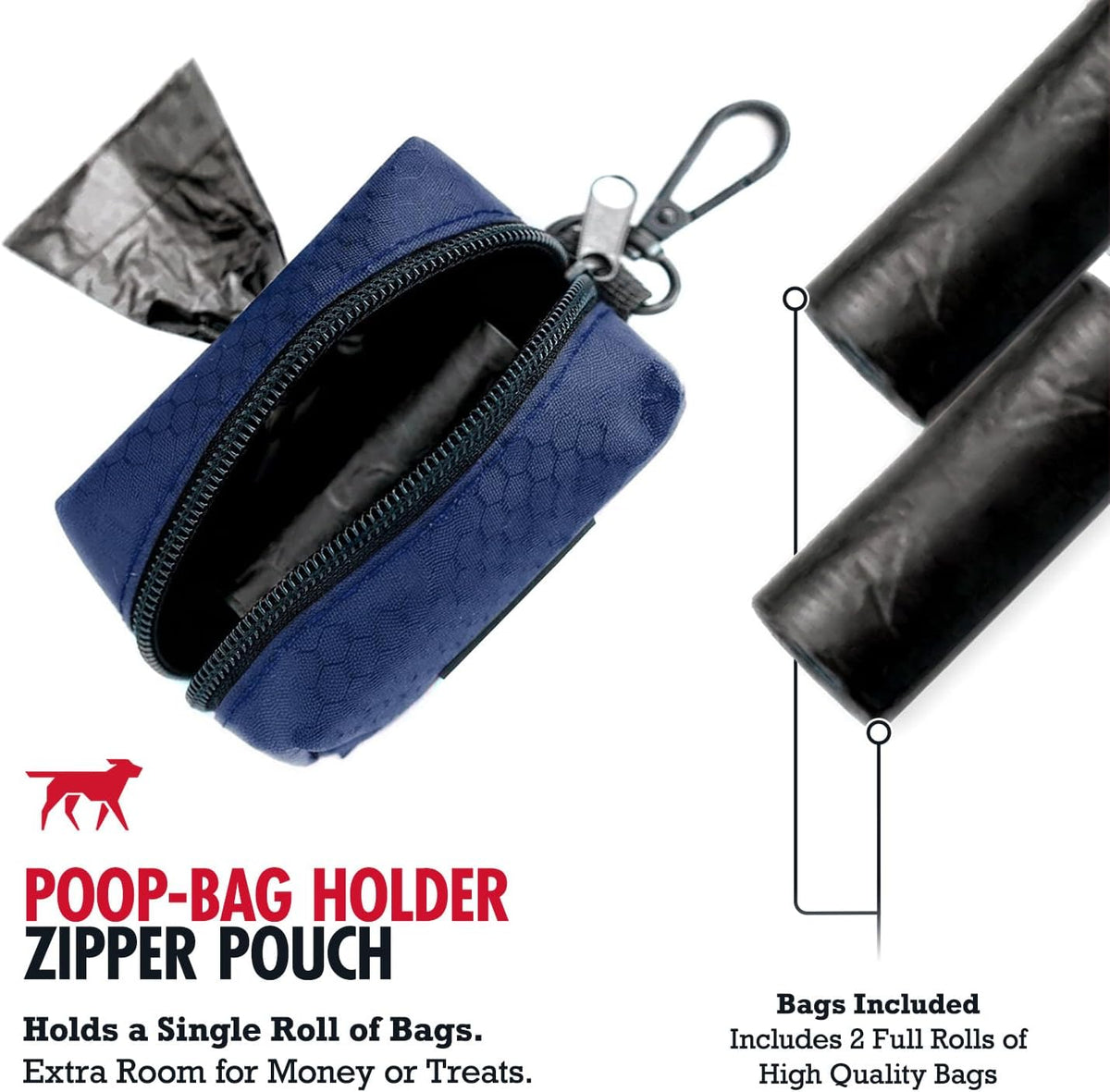 Dog Poop Bag Holder | Works with Any Dog Leash | Zippered Waste Bag Dispenser | Waterproof with Rust-Proof Clip | Convenient Lightweight Design | Includes 2 Rolls of Leak-Proof Bags