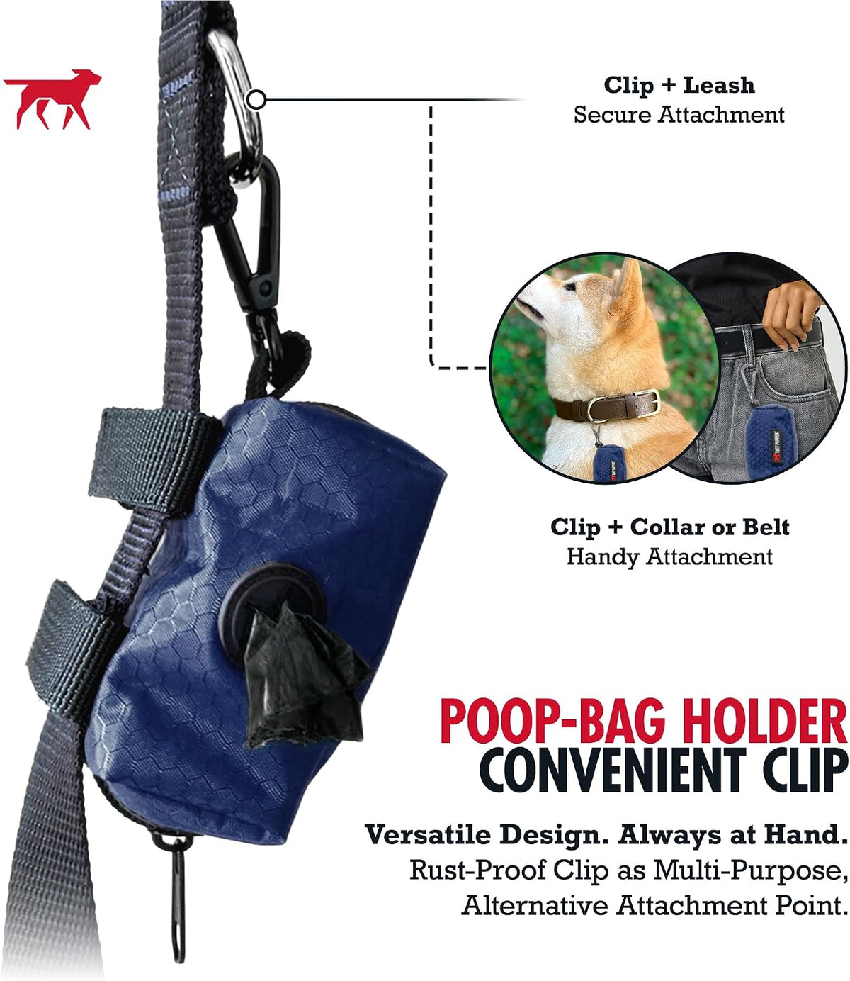 Dog Poop Bag Holder | Works with Any Dog Leash | Zippered Waste Bag Dispenser | Waterproof with Rust-Proof Clip | Convenient Lightweight Design | Includes 2 Rolls of Leak-Proof Bags