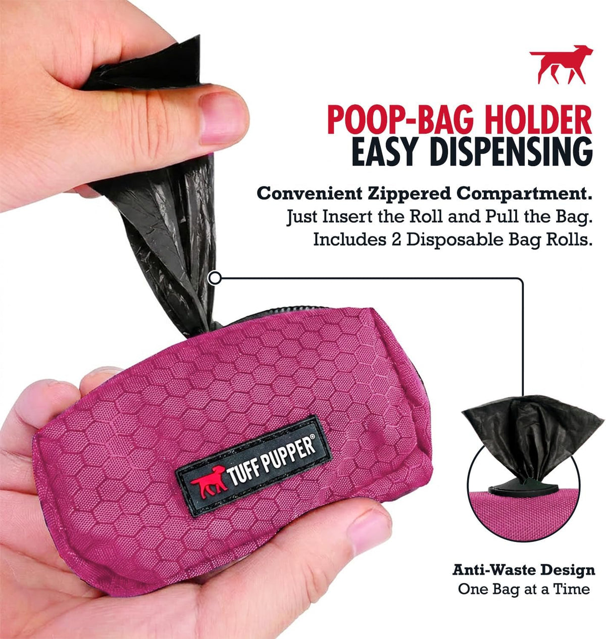 Dog Poop Bag Holder | Works with Any Dog Leash | Zippered Waste Bag Dispenser | Waterproof with Rust-Proof Clip | Convenient Lightweight Design | Includes 2 Rolls of Leak-Proof Bags