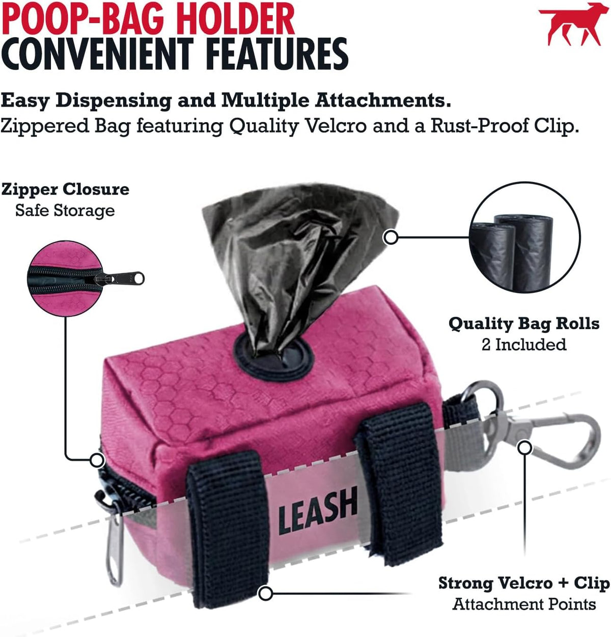 Dog Poop Bag Holder | Works with Any Dog Leash | Zippered Waste Bag Dispenser | Waterproof with Rust-Proof Clip | Convenient Lightweight Design | Includes 2 Rolls of Leak-Proof Bags