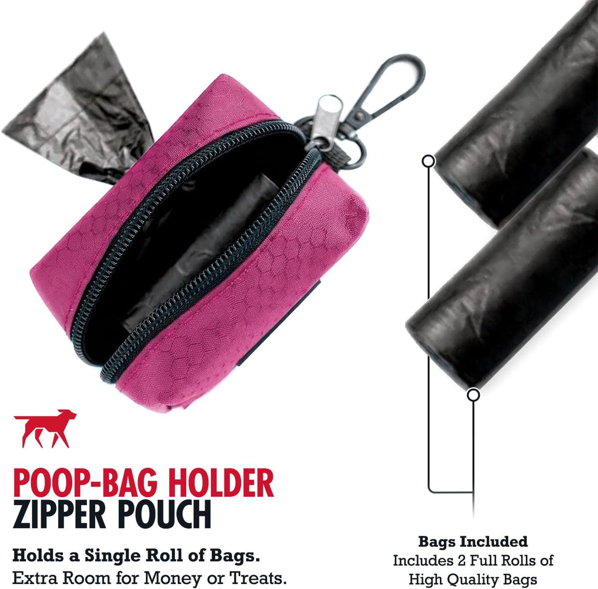 Dog Poop Bag Holder | Works with Any Dog Leash | Zippered Waste Bag Dispenser | Waterproof with Rust-Proof Clip | Convenient Lightweight Design | Includes 2 Rolls of Leak-Proof Bags