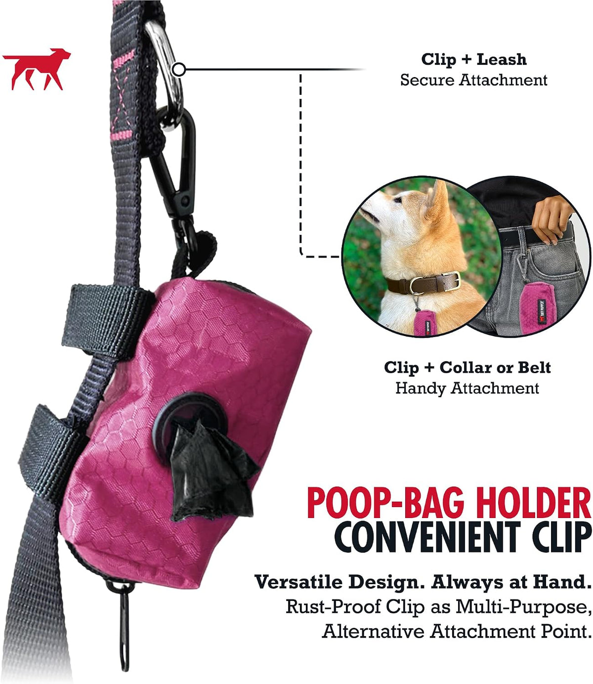Dog Poop Bag Holder | Works with Any Dog Leash | Zippered Waste Bag Dispenser | Waterproof with Rust-Proof Clip | Convenient Lightweight Design | Includes 2 Rolls of Leak-Proof Bags