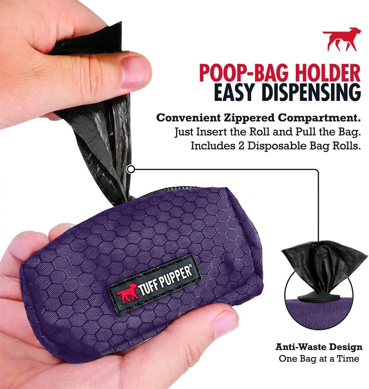 Dog Poop Bag Holder | Works with Any Dog Leash | Zippered Waste Bag Dispenser | Waterproof with Rust-Proof Clip | Convenient Lightweight Design | Includes 2 Rolls of Leak-Proof Bags