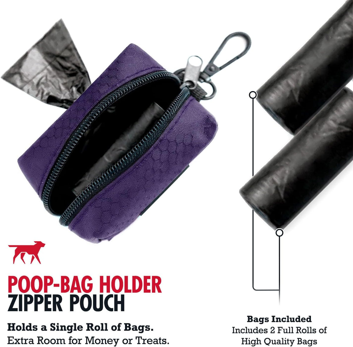 Dog Poop Bag Holder | Works with Any Dog Leash | Zippered Waste Bag Dispenser | Waterproof with Rust-Proof Clip | Convenient Lightweight Design | Includes 2 Rolls of Leak-Proof Bags
