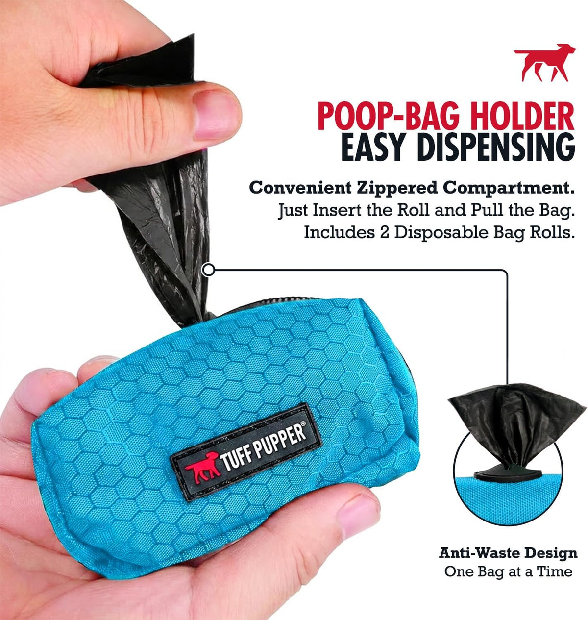 Dog Poop Bag Holder | Works with Any Dog Leash | Zippered Waste Bag Dispenser | Waterproof with Rust-Proof Clip | Convenient Lightweight Design | Includes 2 Rolls of Leak-Proof Bags