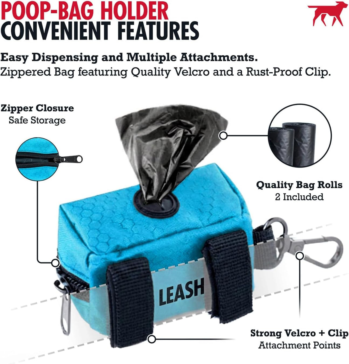 Dog Poop Bag Holder | Works with Any Dog Leash | Zippered Waste Bag Dispenser | Waterproof with Rust-Proof Clip | Convenient Lightweight Design | Includes 2 Rolls of Leak-Proof Bags