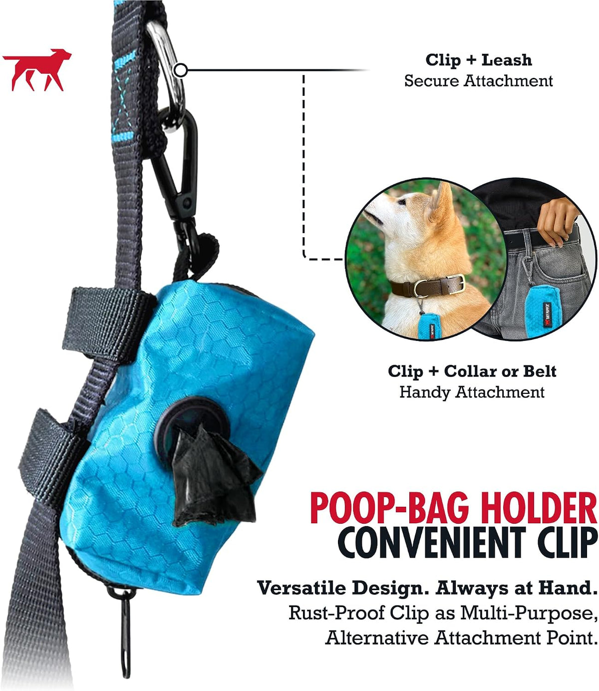 Dog Poop Bag Holder | Works with Any Dog Leash | Zippered Waste Bag Dispenser | Waterproof with Rust-Proof Clip | Convenient Lightweight Design | Includes 2 Rolls of Leak-Proof Bags