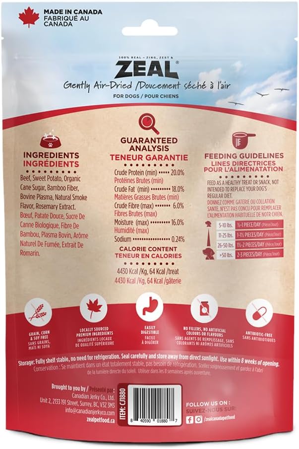 Natural Beef Jerky Tenders for Dogs, 100% Real Canadian Beef, High Protein 24%, Soft Training Treats, Air-Dried, Grain Free, Made in Canada, 10oz