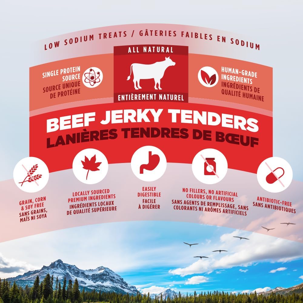 Natural Beef Jerky Tenders for Dogs, 100% Real Canadian Beef, High Protein 24%, Soft Training Treats, Air-Dried, Grain Free, Made in Canada, 10oz