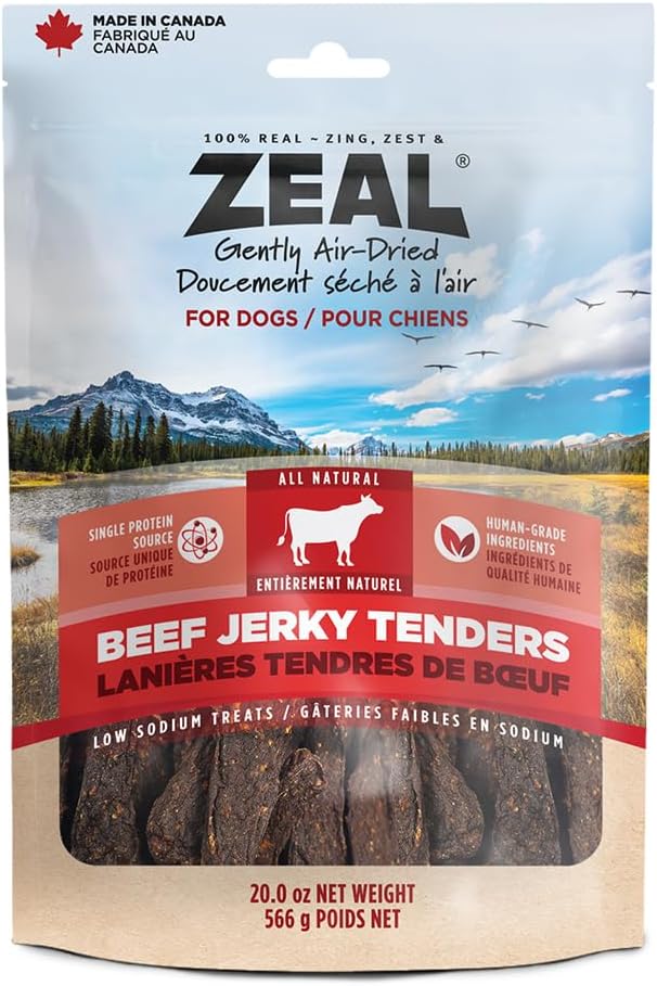 Natural Beef Jerky Tenders for Dogs, 100% Real Canadian Beef, High Protein 24%, Soft Training Treats, Air-Dried, Grain Free, Made in Canada, 10oz
