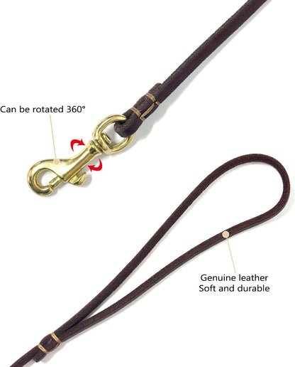 Leather Dog Leash 6 ft x 1/4 inch,Thin and Lightweight Leather Leashes for Small Dogs,Leather Cat Leashes for Small Cats,Soft Genuine Leather Dog Training Leashes for Petite Dogs Brown