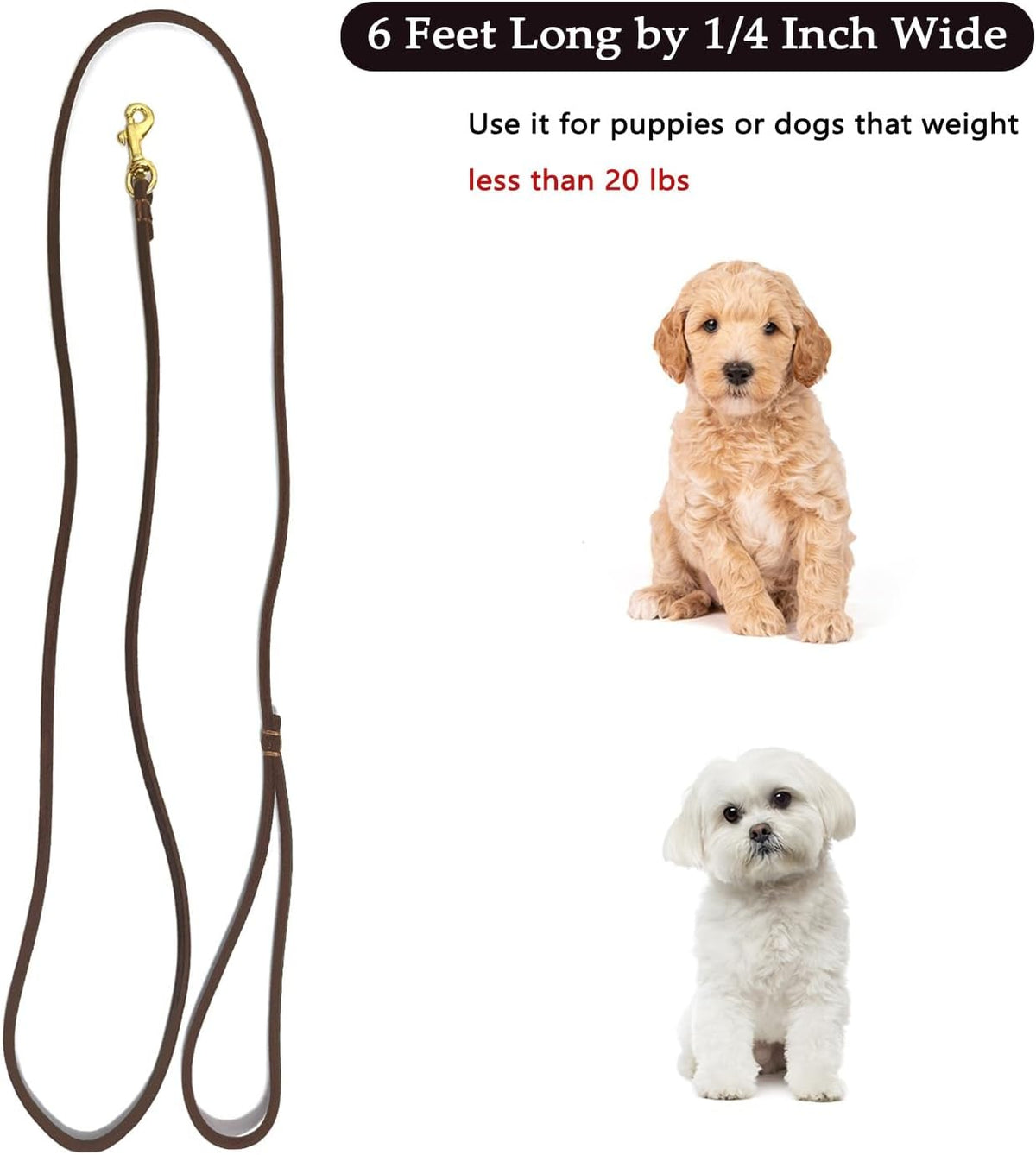 Leather Dog Leash 6 ft x 1/4 inch,Thin and Lightweight Leather Leashes for Small Dogs,Leather Cat Leashes for Small Cats,Soft Genuine Leather Dog Training Leashes for Petite Dogs Brown