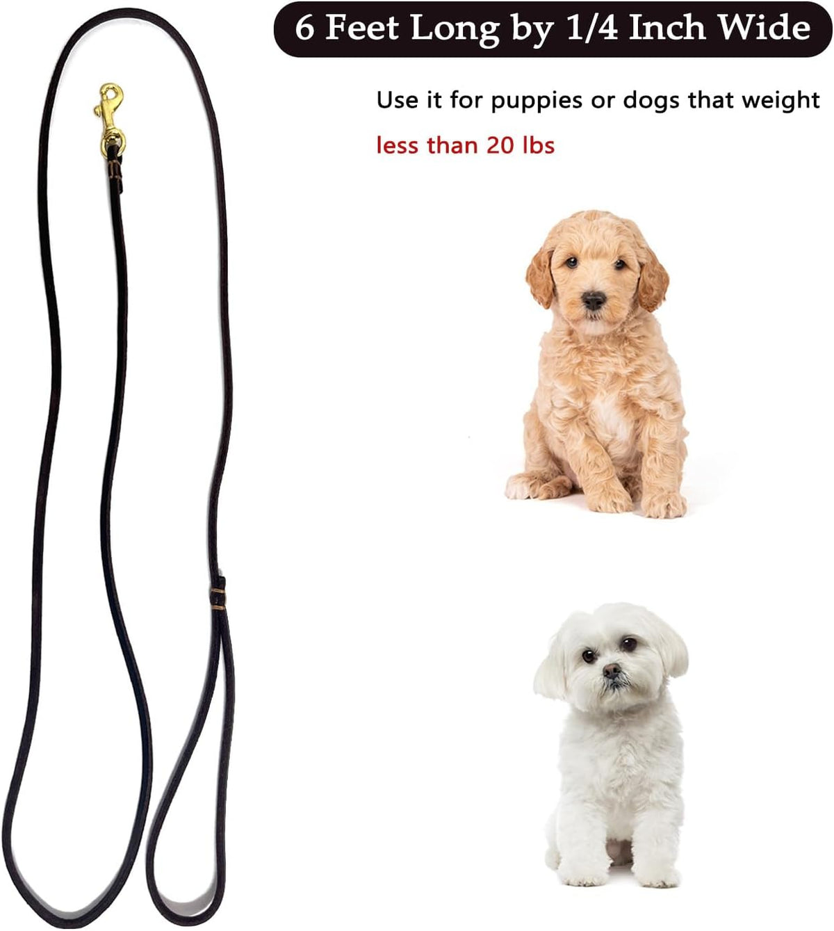 Leather Dog Leash 6 ft x 1/4 inch,Thin and Lightweight Leather Leashes for Small Dogs,Leather Cat Leashes for Small Cats,Soft Genuine Leather Dog Training Leashes for Petite Dogs Brown