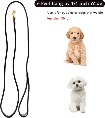 Leather Dog Leash 6 ft x 1/4 inch,Thin and Lightweight Leather Leashes for Small Dogs,Leather Cat Leashes for Small Cats,Soft Genuine Leather Dog Training Leashes for Petite Dogs Brown