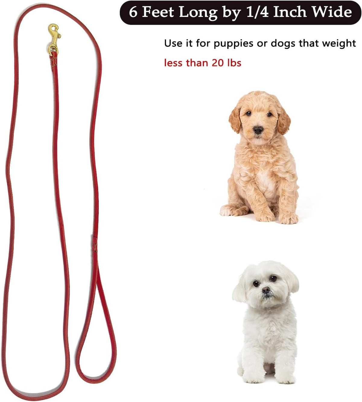 Leather Dog Leash 6 ft x 1/4 inch,Thin and Lightweight Leather Leashes for Small Dogs,Leather Cat Leashes for Small Cats,Soft Genuine Leather Dog Training Leashes for Petite Dogs Brown