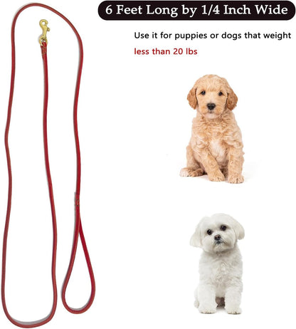 Leather Dog Leash 6 ft x 1/4 inch,Thin and Lightweight Leather Leashes for Small Dogs,Leather Cat Leashes for Small Cats,Soft Genuine Leather Dog Training Leashes for Petite Dogs Brown