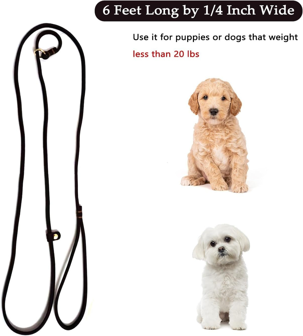Leather Dog Leash 6 ft x 1/4 inch,Thin and Lightweight Leather Leashes for Small Dogs,Leather Cat Leashes for Small Cats,Soft Genuine Leather Dog Training Leashes for Petite Dogs Brown