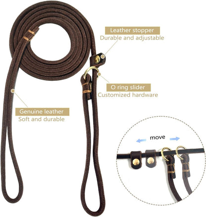 Leather Dog Leash 6 ft x 1/4 inch,Thin and Lightweight Leather Leashes for Small Dogs,Leather Cat Leashes for Small Cats,Soft Genuine Leather Dog Training Leashes for Petite Dogs Brown
